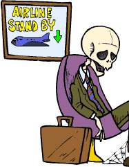 Cartoon drawing of skeleton sitting in stand by area of airport