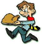 Funny cartoon of wild-eyed man running with turkey on platter, for overeating joke