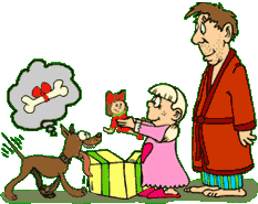Funny cartoon of child with christmas present doll; dog is looking at it as if it were a chew toy