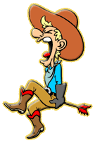 Funny cartoon of a cowboy with cowboy hat and cowboy boots who got shot in the butt with an arrow