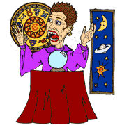 Funny cartoon of astrology lady with crystal ball