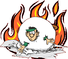 cartoon of man turned into a snowball in hell