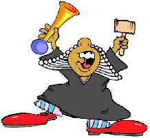 Funny cartoon of a judge in clown shoes, clown horn and gavel, dancing