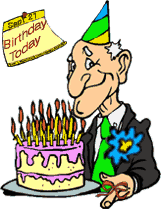 funny cartoon of man at birthday party with birthday cake with flower pinned to lapel