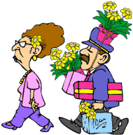funny cartoon of old money love woman with butler carrying birthday presents and flowers; he has a flower on his head