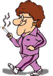 Funny cartoon of woman being unhealthy, jogging and smoking a cigarette