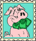 funny cartoon graphic of postage stamp showing pig chewing on money