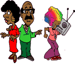 Drawing of parents rolling eyes because funny teenage daughter has rainbow-colored hair and listening to boom box