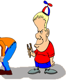 Drawing of bully with a slingshot looking at the butt of a guy who's bending over