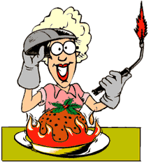 Funny cartoon of woman cooking yams with a blow torch