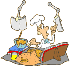 Funny cartoon of man trying to cook a turkey and make stuffing