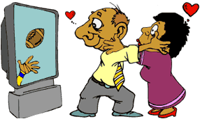 cartoon of couple hugging, man is trying to watch TV, woman is trying to kiss him