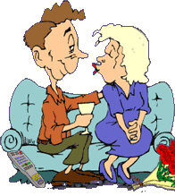 Relationship cartoon of woman and man on couch, she wants a kiss, he is looking at his TV remote control