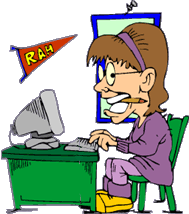 Funny cartoon of college coed typing in chat room