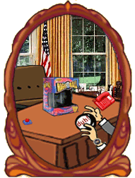 Funny cartoon of presidents office; his hand is holding a magic 8 ball that says, duh