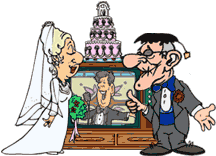 cartoon of man and woman at the altar being married by a televangelist