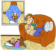 Funny cartoon of man reading book on couch, dog is warm on rug, cat is cold outside