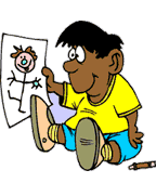 funny cartoon of little boy with crayon drawing