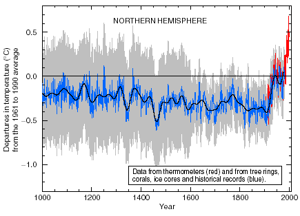 graph of global warming data, shows that temperature over last 1000 was consistent until the 19 hundreds and then rose dramatically