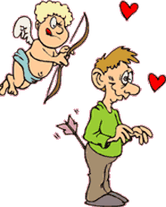 Funny cartoon of cupid shooting man in butt with arrow