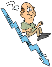 Drawing of man riding a bumpy downward trend arrow that says, stocks, bonds, money, shirt