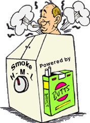 Funny cartoon of happy cigarette smoker in a smoker sauna, powered by butts