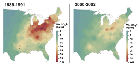 graph of wet S O 2 deposition, shows that the problem in the northeast U S has gotten better