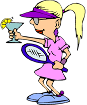 funny cartoon of snobby malibu woman with tennis racket and lemon water in a martini glass
