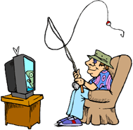 funny cartoon of man sitting in chair with fishing rod watching fishing show on television