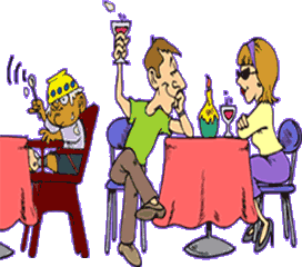 Funny cartoon of couple in restaurant, the kids at next table has thrown goop that will land in man's raised glass