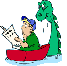 Funny cartoon of sea monster looking at man in boat on Loch Ness