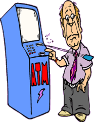 Funny cartoon of man at ATM that has rejected his card by spitting it out
