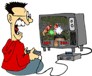 funny cartoon of goofy guy playing Doom
