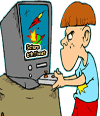 Funny cartoon of boy playing supposedly educational video game, destroying Saturn, the 6th planet