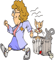 funny cartoon of woman with too much perfume walking, even cats in trash can can't take it