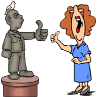 Funny cartoon of lady looking skyward for guidance, pigeon is sitting on nearby statue, trying to decide whether to poop on her