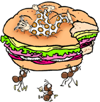 Dagwood Bumstead on a huge sandwich being carried off by ants