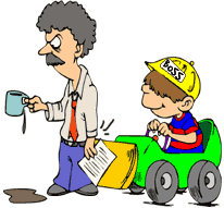 cartoon of little kid executive in push-peddle company car bumping worker with car, causing him to spill coffee 