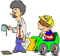 cartoon of little kid executive in push-peddle company car bumping worker with car, causing him to spill coffee