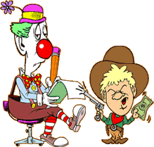 Funny cartoon of little kid as the office boss, making a clown take dictation