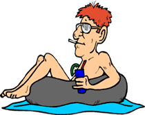 cartoon of nudist sunning himself in pool raft