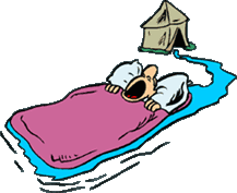 funny cartoon of camper in sleeping bag who is floating away on a stream of water that suddenly started running through his tent