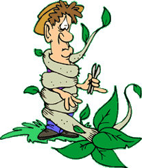 funny cartoon of gardener who is getting squeezed by a huge vine, like a snake