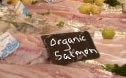 picture a organic salmon sign in supermarket fish case