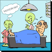 alien doctors examining worried patient; one doctor says mih eborp (probe him, in backwards alien-speak)