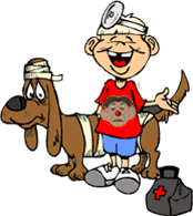 funny cartoon of little kid with medical bag, dog is dressed as a patient