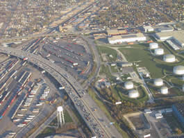 picture of parking lots, roads, and buildings