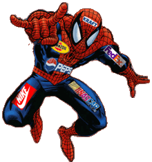 spider-man with corporate sponsor decals all over his costume