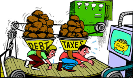citizens on congressional conveyor belt carrying loads of taxes and debt