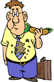 funny cartoon of man munching on a hotdog bun that has a whole fish in it